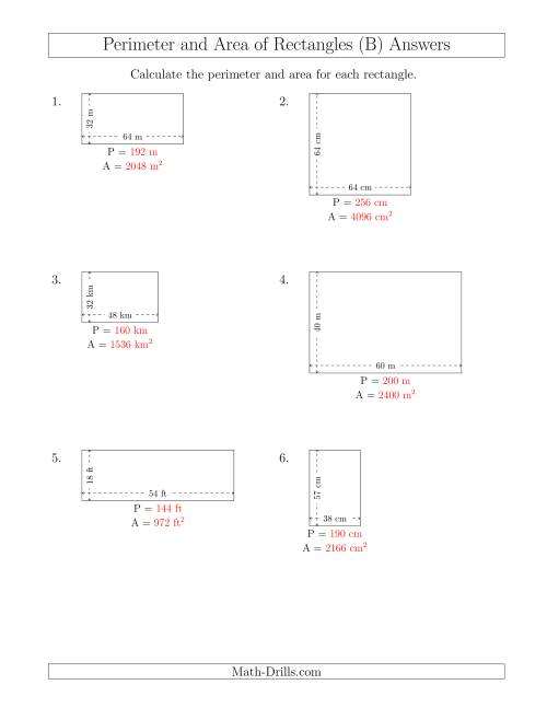 The Calculating the Perimeter and Area of Rectangles from Side Measurements (Larger Whole Numbers) (B) Math Worksheet Page 2