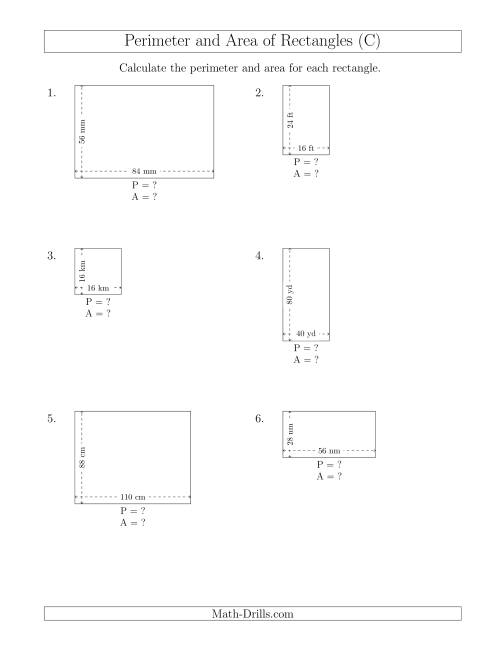 The Calculating the Perimeter and Area of Rectangles from Side Measurements (Larger Whole Numbers) (C) Math Worksheet