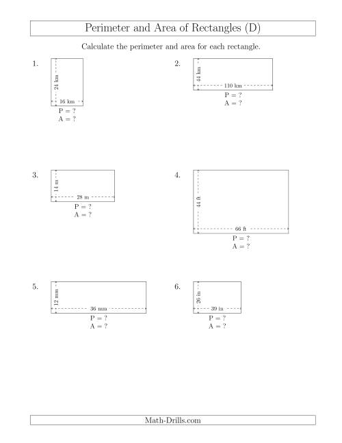 The Calculating the Perimeter and Area of Rectangles from Side Measurements (Larger Whole Numbers) (D) Math Worksheet