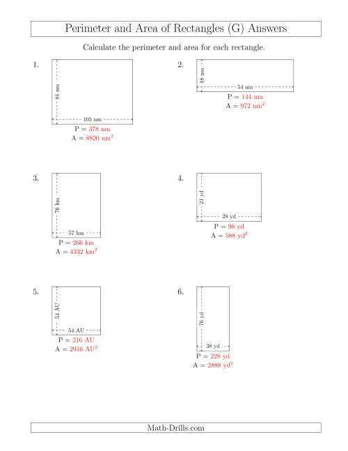 The Calculating the Perimeter and Area of Rectangles from Side Measurements (Larger Whole Numbers) (G) Math Worksheet Page 2