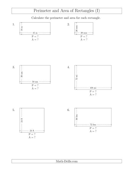 The Calculating the Perimeter and Area of Rectangles from Side Measurements (Larger Whole Numbers) (I) Math Worksheet