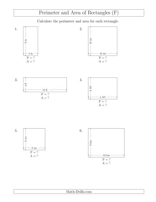 The Calculating the Perimeter and Area of Rectangles from Side Measurements (Smaller Whole Numbers) (F) Math Worksheet