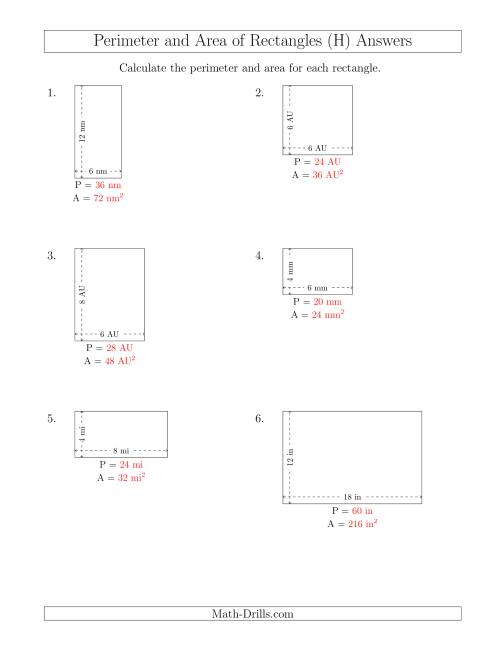 The Calculating the Perimeter and Area of Rectangles from Side Measurements (Smaller Whole Numbers) (H) Math Worksheet Page 2