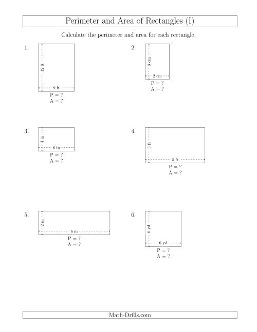 The Calculating the Perimeter and Area of Rectangles from Side Measurements (Smaller Whole Numbers) (I) Math Worksheet