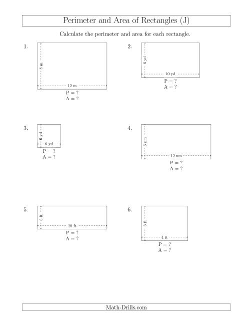 The Calculating the Perimeter and Area of Rectangles from Side Measurements (Smaller Whole Numbers) (J) Math Worksheet