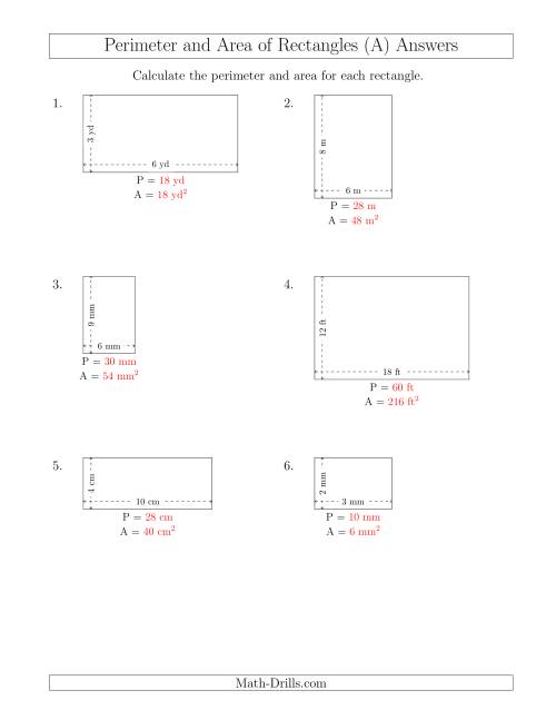 The Calculating the Perimeter and Area of Rectangles from Side Measurements (Smaller Whole Numbers) (All) Math Worksheet Page 2