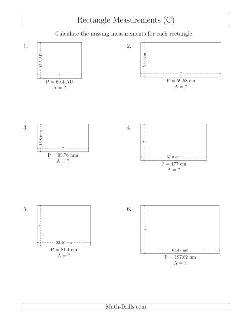 The Calculating the Side and Area Measurements of Rectangles from Perimeter and Side Measurements (Decimal Numbers) (C) Math Worksheet