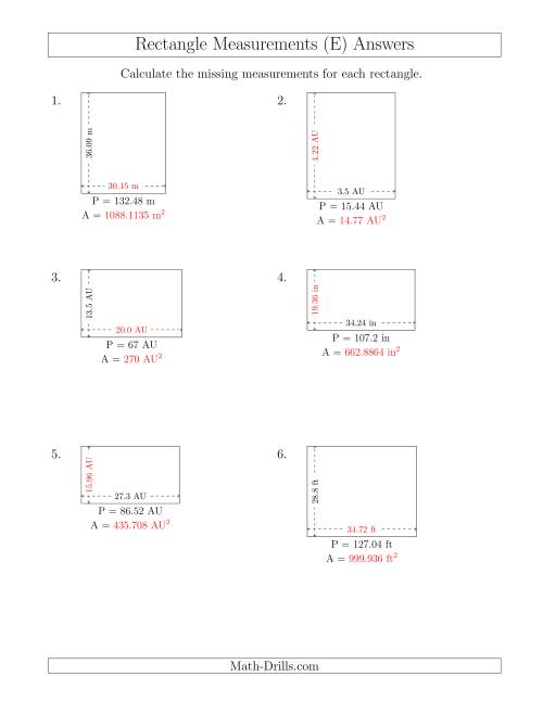 The Calculating the Side and Area Measurements of Rectangles from Perimeter and Side Measurements (Decimal Numbers) (E) Math Worksheet Page 2