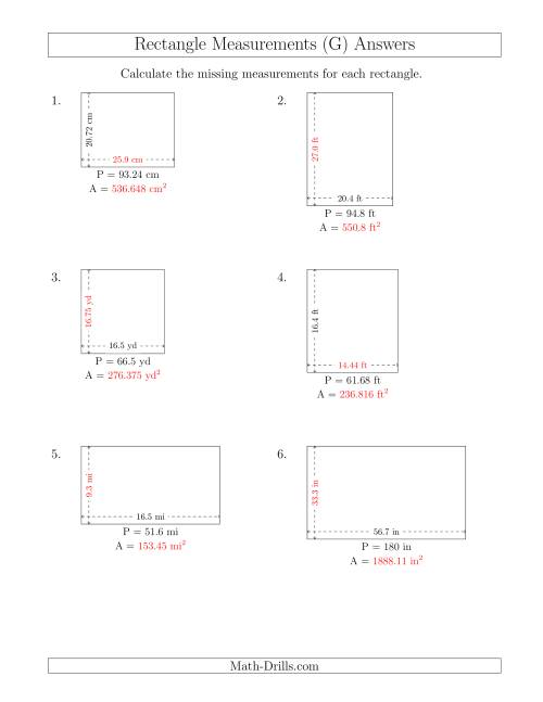 The Calculating the Side and Area Measurements of Rectangles from Perimeter and Side Measurements (Decimal Numbers) (G) Math Worksheet Page 2
