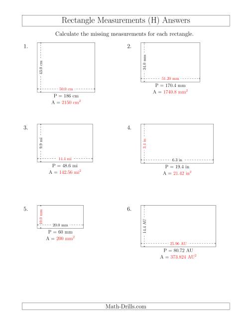The Calculating the Side and Area Measurements of Rectangles from Perimeter and Side Measurements (Decimal Numbers) (H) Math Worksheet Page 2