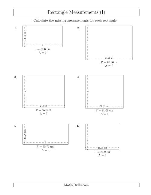 The Calculating the Side and Area Measurements of Rectangles from Perimeter and Side Measurements (Decimal Numbers) (I) Math Worksheet