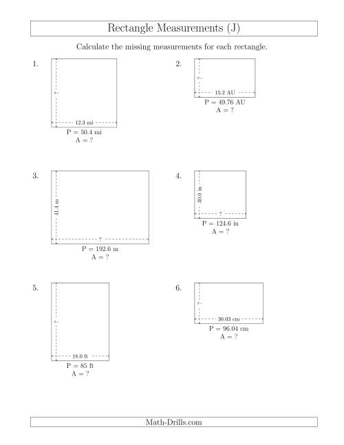 The Calculating the Side and Area Measurements of Rectangles from Perimeter and Side Measurements (Decimal Numbers) (J) Math Worksheet