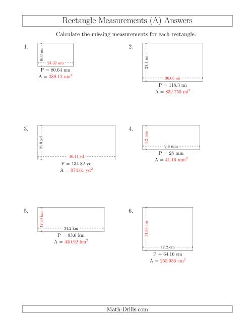 The Calculating the Side and Area Measurements of Rectangles from Perimeter and Side Measurements (Decimal Numbers) (All) Math Worksheet Page 2