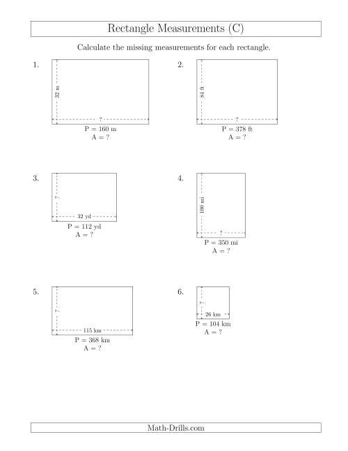 The Calculating the Side and Area Measurements of Rectangles from Perimeter and Side Measurements (Larger Whole Numbers) (C) Math Worksheet