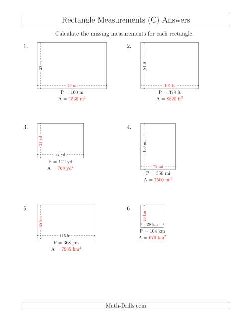 The Calculating the Side and Area Measurements of Rectangles from Perimeter and Side Measurements (Larger Whole Numbers) (C) Math Worksheet Page 2