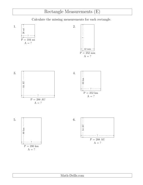 The Calculating the Side and Area Measurements of Rectangles from Perimeter and Side Measurements (Larger Whole Numbers) (E) Math Worksheet