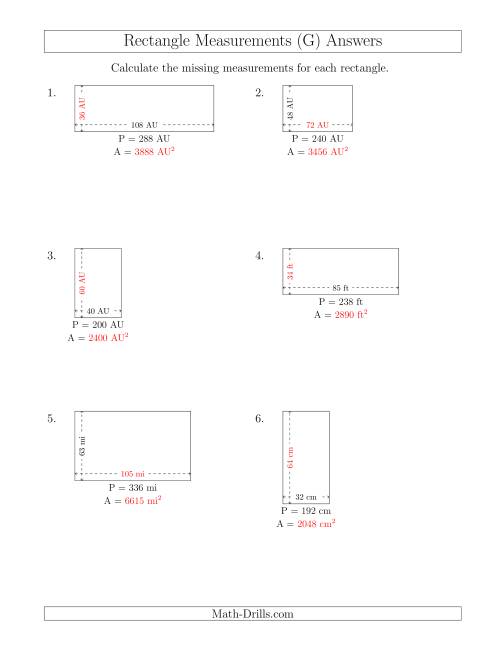 The Calculating the Side and Area Measurements of Rectangles from Perimeter and Side Measurements (Larger Whole Numbers) (G) Math Worksheet Page 2