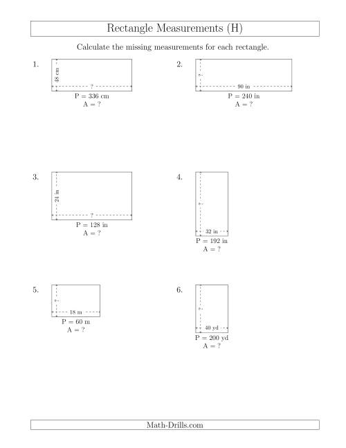 The Calculating the Side and Area Measurements of Rectangles from Perimeter and Side Measurements (Larger Whole Numbers) (H) Math Worksheet