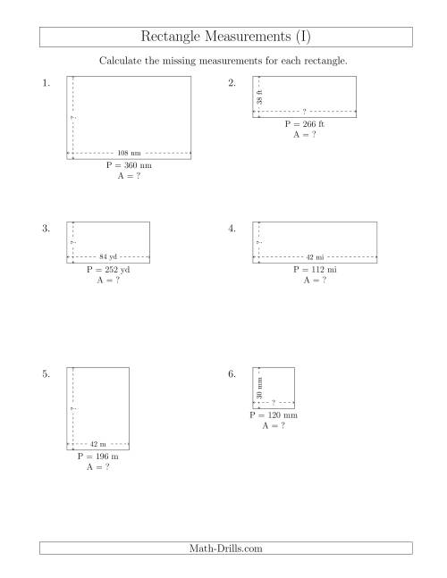 The Calculating the Side and Area Measurements of Rectangles from Perimeter and Side Measurements (Larger Whole Numbers) (I) Math Worksheet