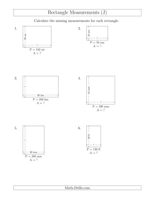 The Calculating the Side and Area Measurements of Rectangles from Perimeter and Side Measurements (Larger Whole Numbers) (J) Math Worksheet
