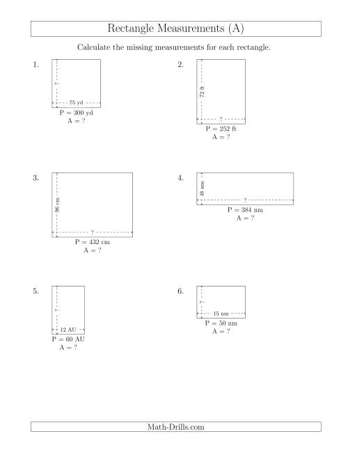 The Calculating the Side and Area Measurements of Rectangles from Perimeter and Side Measurements (Larger Whole Numbers) (All) Math Worksheet