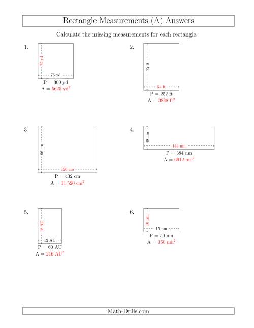 The Calculating the Side and Area Measurements of Rectangles from Perimeter and Side Measurements (Larger Whole Numbers) (All) Math Worksheet Page 2