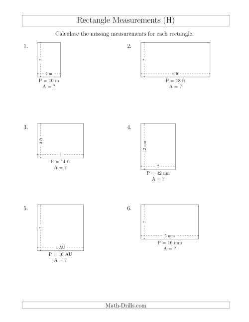 The Calculating the Side and Area Measurements of Rectangles from Perimeter and Side Measurements (Smaller Whole Numbers) (H) Math Worksheet