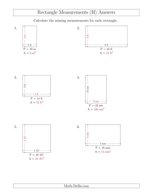 The Calculating the Side and Area Measurements of Rectangles from Perimeter and Side Measurements (Smaller Whole Numbers) (H) Math Worksheet Page 2