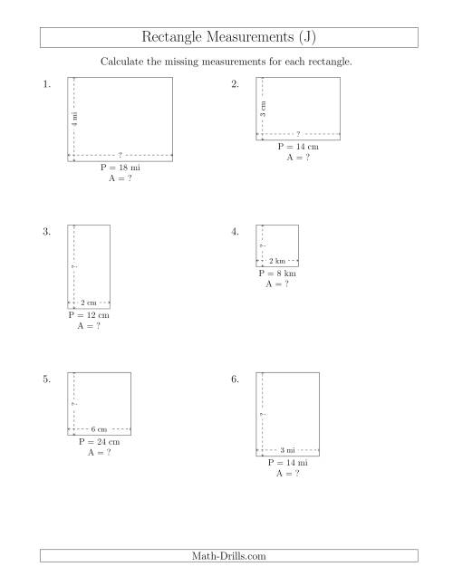 The Calculating the Side and Area Measurements of Rectangles from Perimeter and Side Measurements (Smaller Whole Numbers) (J) Math Worksheet