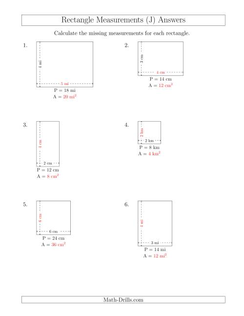 The Calculating the Side and Area Measurements of Rectangles from Perimeter and Side Measurements (Smaller Whole Numbers) (J) Math Worksheet Page 2