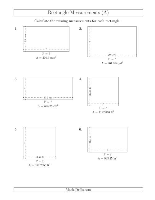 The Calculating the Side and Perimeter Measurements of Rectangles from Area and Side Measurements (Decimal Numbers) (A) Math Worksheet