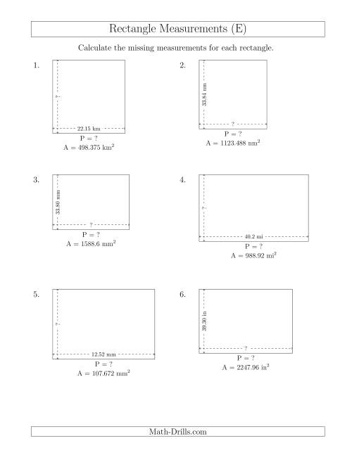 The Calculating the Side and Perimeter Measurements of Rectangles from Area and Side Measurements (Decimal Numbers) (E) Math Worksheet