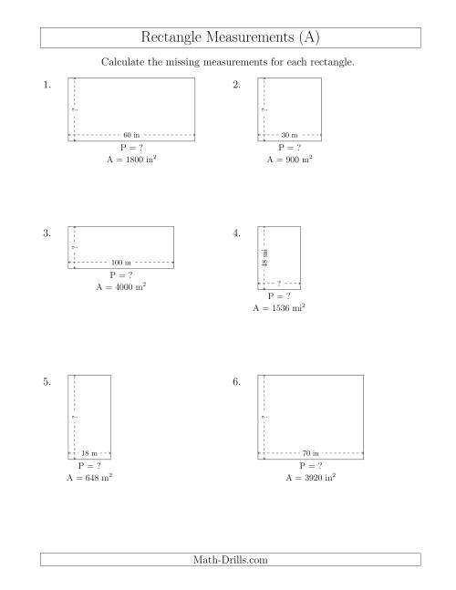The Calculating the Side and Perimeter Measurements of Rectangles from Area and Side Measurements (Larger Whole Numbers) (A) Math Worksheet