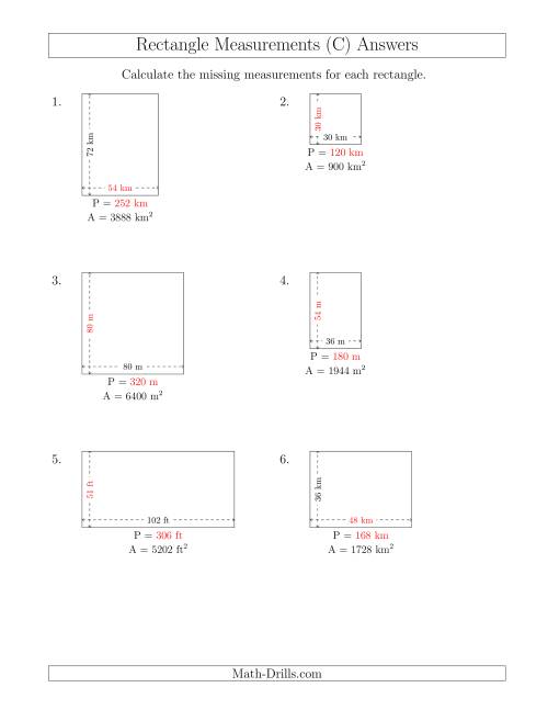 The Calculating the Side and Perimeter Measurements of Rectangles from Area and Side Measurements (Larger Whole Numbers) (C) Math Worksheet Page 2