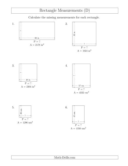 The Calculating the Side and Perimeter Measurements of Rectangles from Area and Side Measurements (Larger Whole Numbers) (D) Math Worksheet