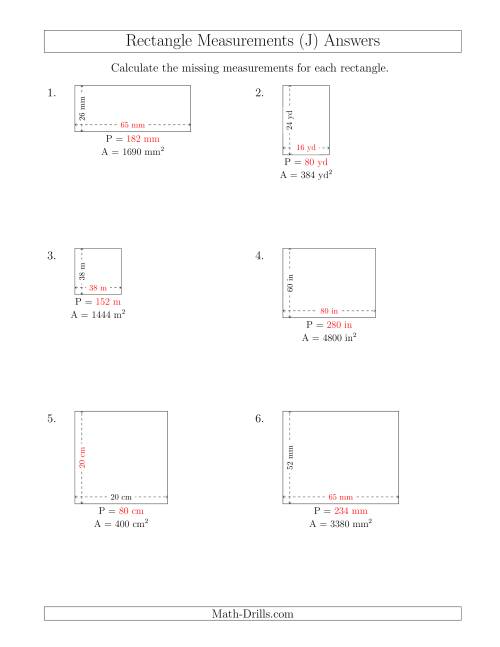 The Calculating the Side and Perimeter Measurements of Rectangles from Area and Side Measurements (Larger Whole Numbers) (J) Math Worksheet Page 2