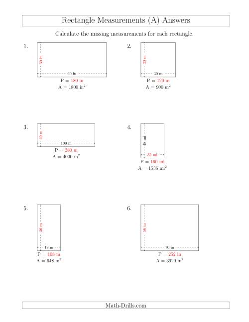 The Calculating the Side and Perimeter Measurements of Rectangles from Area and Side Measurements (Larger Whole Numbers) (All) Math Worksheet Page 2
