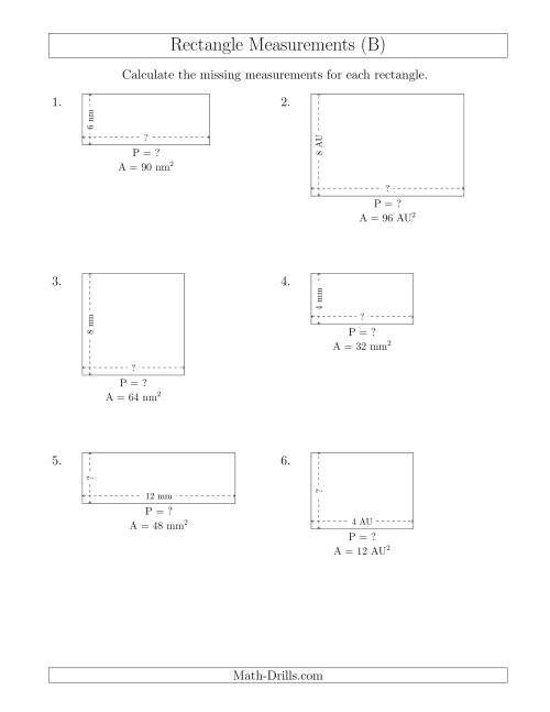 The Calculating the Side and Perimeter Measurements of Rectangles from Area and Side Measurements (Smaller Whole Numbers) (B) Math Worksheet