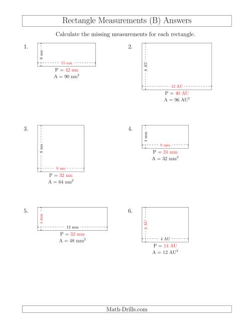 The Calculating the Side and Perimeter Measurements of Rectangles from Area and Side Measurements (Smaller Whole Numbers) (B) Math Worksheet Page 2
