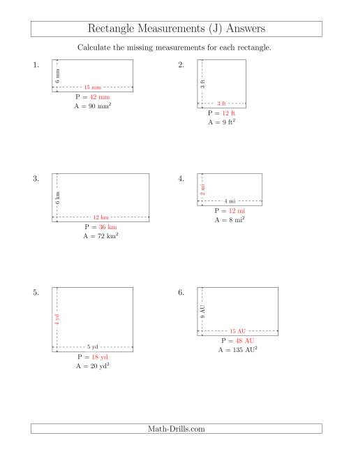 The Calculating the Side and Perimeter Measurements of Rectangles from Area and Side Measurements (Smaller Whole Numbers) (J) Math Worksheet Page 2