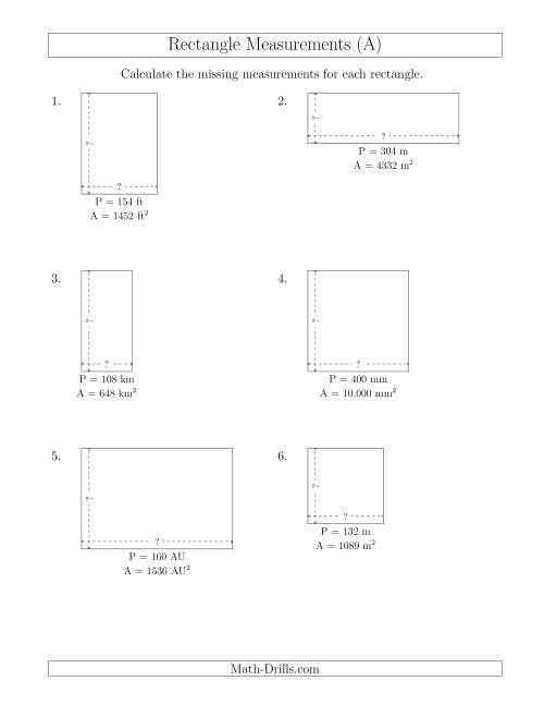 The Calculating the Side Measurements of Rectangles from Area and Perimeter (Larger Whole Numbers) (A) Math Worksheet