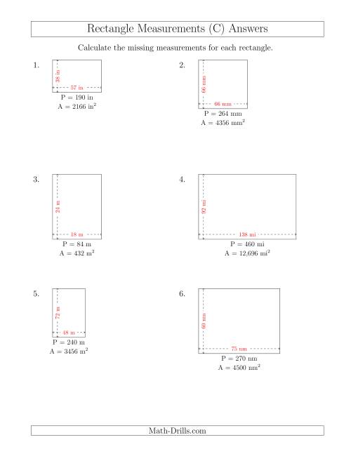 The Calculating the Side Measurements of Rectangles from Area and Perimeter (Larger Whole Numbers) (C) Math Worksheet Page 2