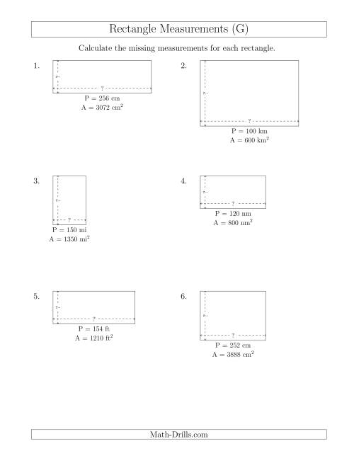 The Calculating the Side Measurements of Rectangles from Area and Perimeter (Larger Whole Numbers) (G) Math Worksheet
