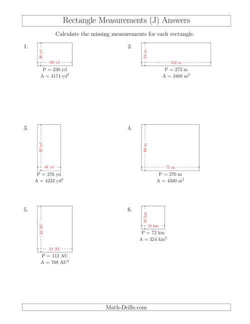 The Calculating the Side Measurements of Rectangles from Area and Perimeter (Larger Whole Numbers) (J) Math Worksheet Page 2