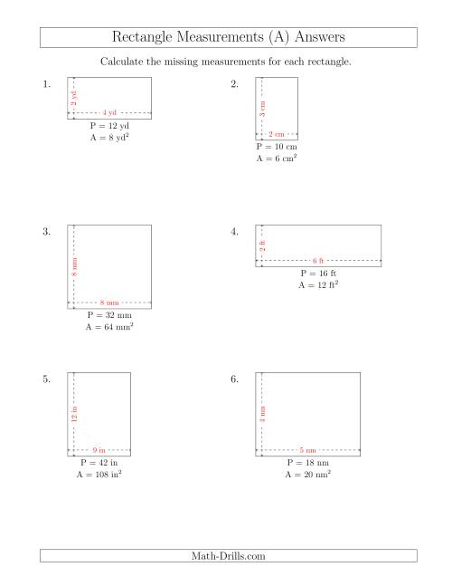 The Calculating the Side Measurements of Rectangles from Area and Perimeter (Smaller Whole Numbers) (A) Math Worksheet Page 2