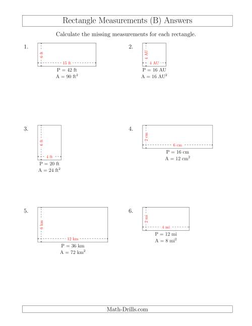 The Calculating the Side Measurements of Rectangles from Area and Perimeter (Smaller Whole Numbers) (B) Math Worksheet Page 2