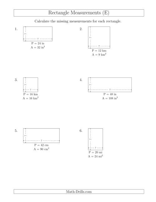 The Calculating the Side Measurements of Rectangles from Area and Perimeter (Smaller Whole Numbers) (E) Math Worksheet
