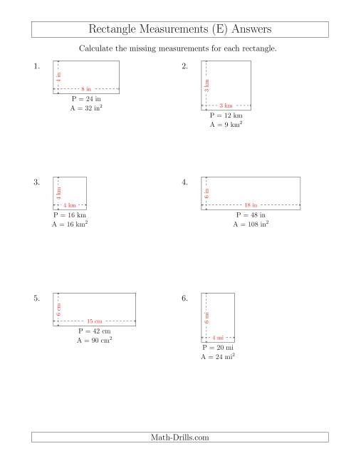 The Calculating the Side Measurements of Rectangles from Area and Perimeter (Smaller Whole Numbers) (E) Math Worksheet Page 2
