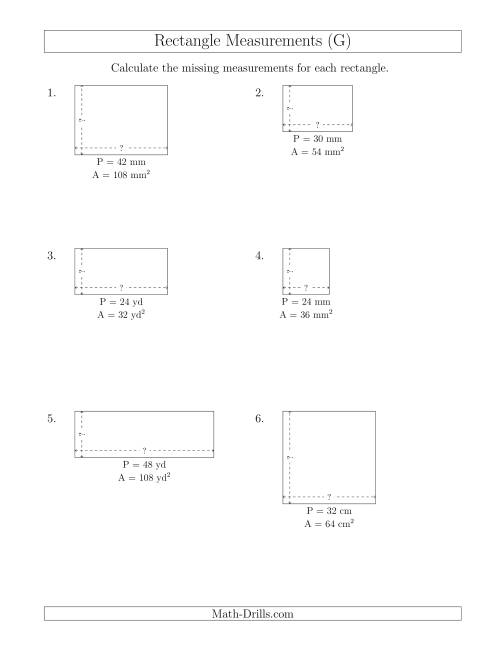 The Calculating the Side Measurements of Rectangles from Area and Perimeter (Smaller Whole Numbers) (G) Math Worksheet