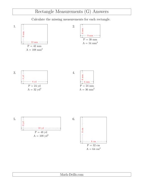 The Calculating the Side Measurements of Rectangles from Area and Perimeter (Smaller Whole Numbers) (G) Math Worksheet Page 2